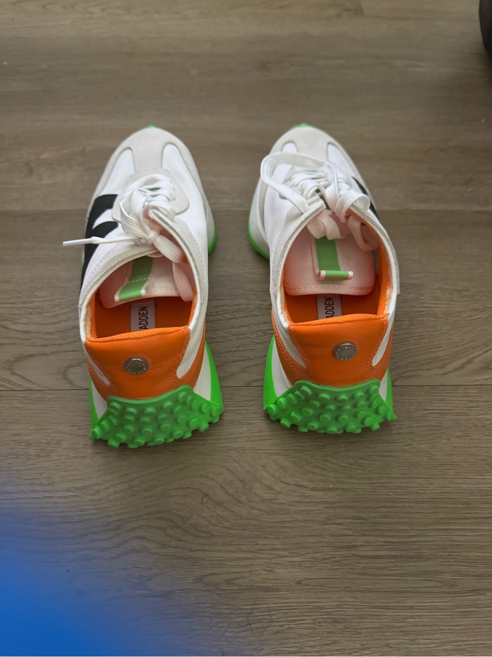 Steve Madden White Sneakers with Black, Orange & Neon Green Accents - Picture 2 of 4